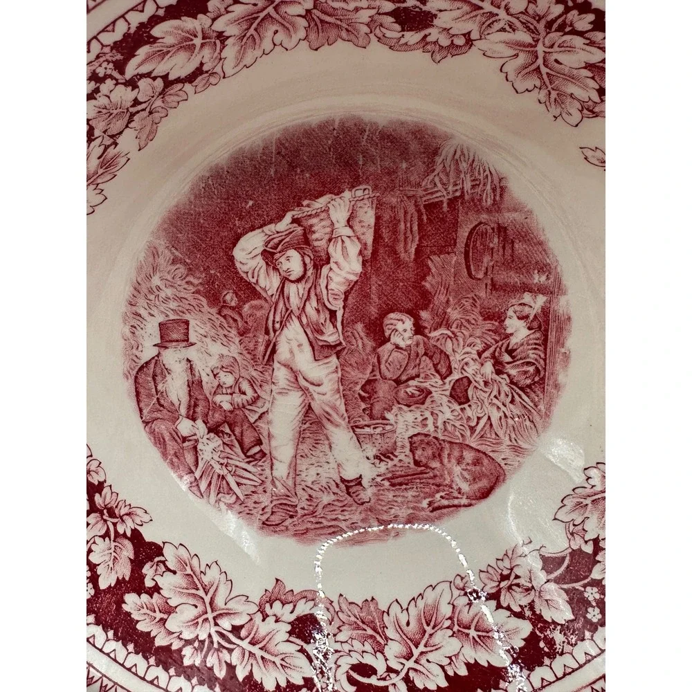 Homer Laughlin Currier & Ives Red Transferware Covered Bowl Husking Partridge